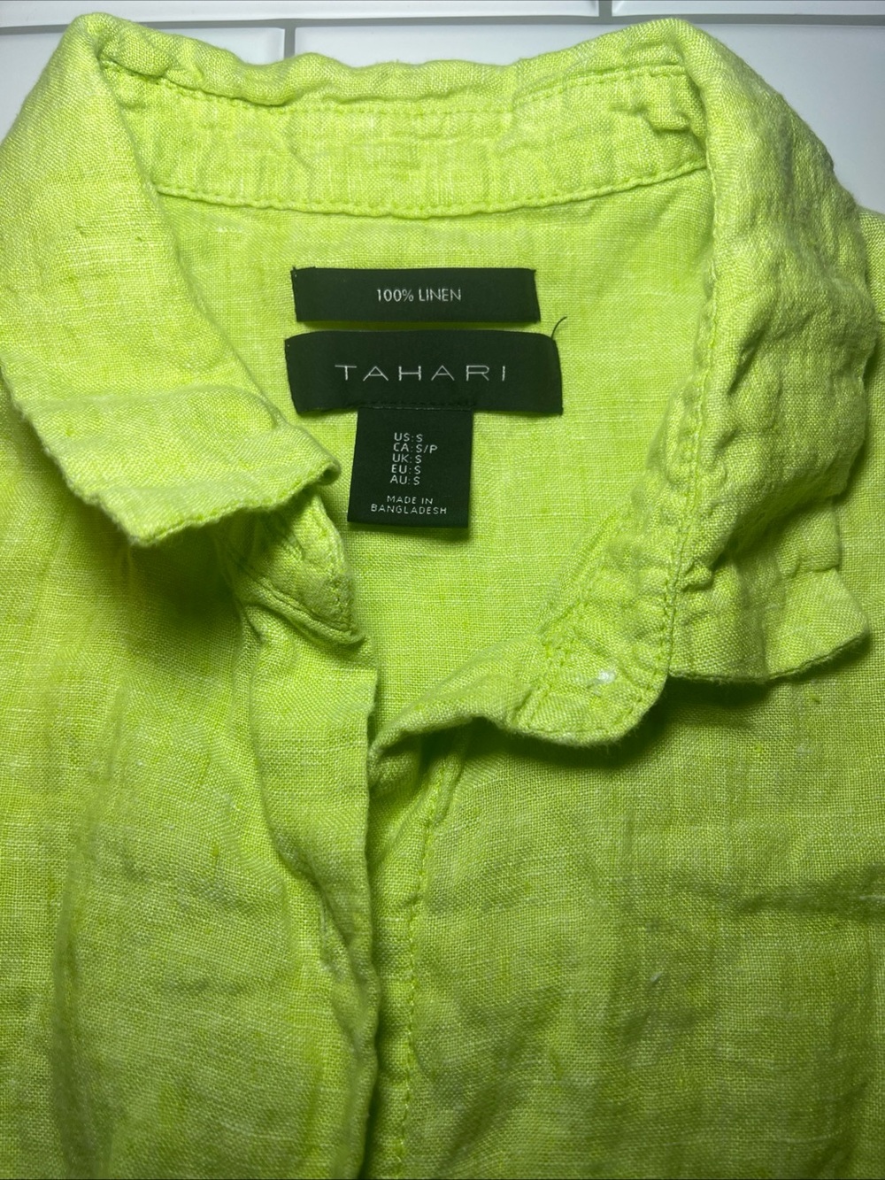 Tahari Bright Lime Green Linen Collared Shirt